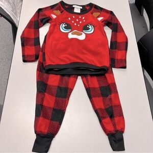 Komar Kids pajama 2 Piece set size XS 4-5 Buffalo Plaid Reindeer Fleece LS EUC